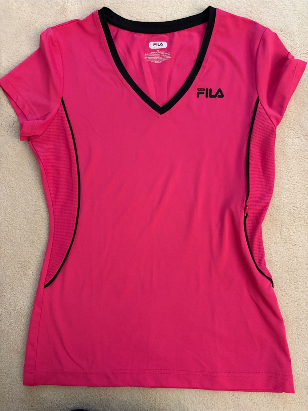 Fila Women's Bright Pink V-Neck Short Sleeve Athletic Tee with Black Trim